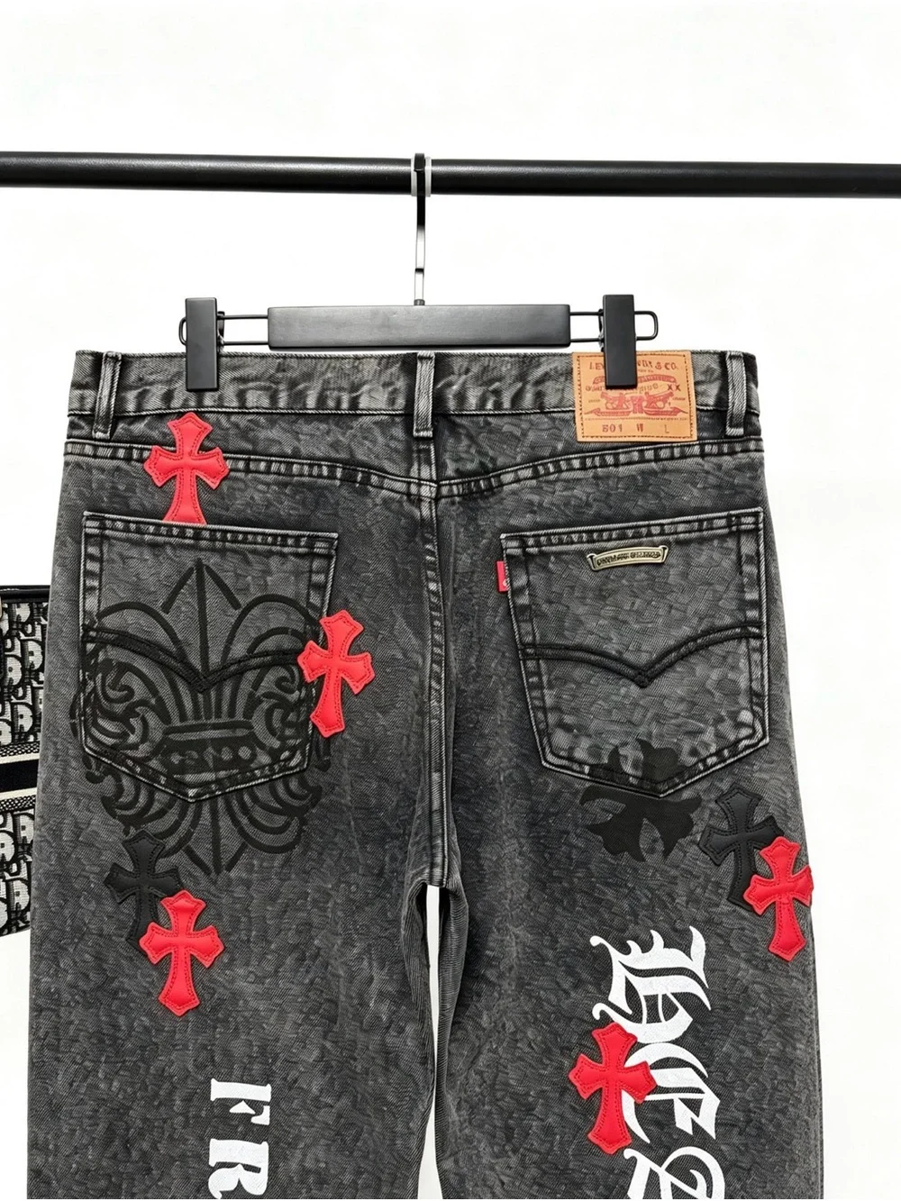Chrome Hearts Black Acid-Wash Jeans with Red & White Crosses